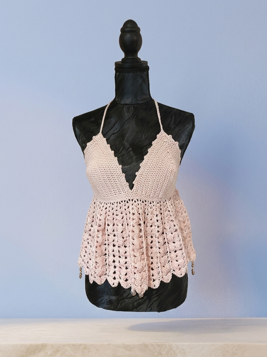 Top dos nu "Candy" - Rose poudré avec perles d'acier - Coton mercerisé- Taille S