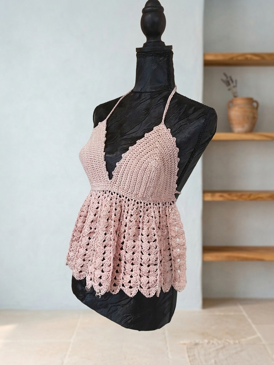 Top dos nu "Candy" - Rose poudré avec perles d'acier - Coton mercerisé- Taille S