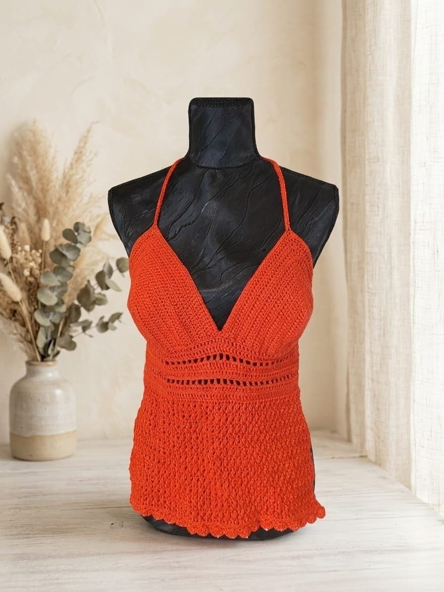 Top Dos nu "Carmen" ajouré - Coton Mercerisé- Rouge Vibrant -Taille M