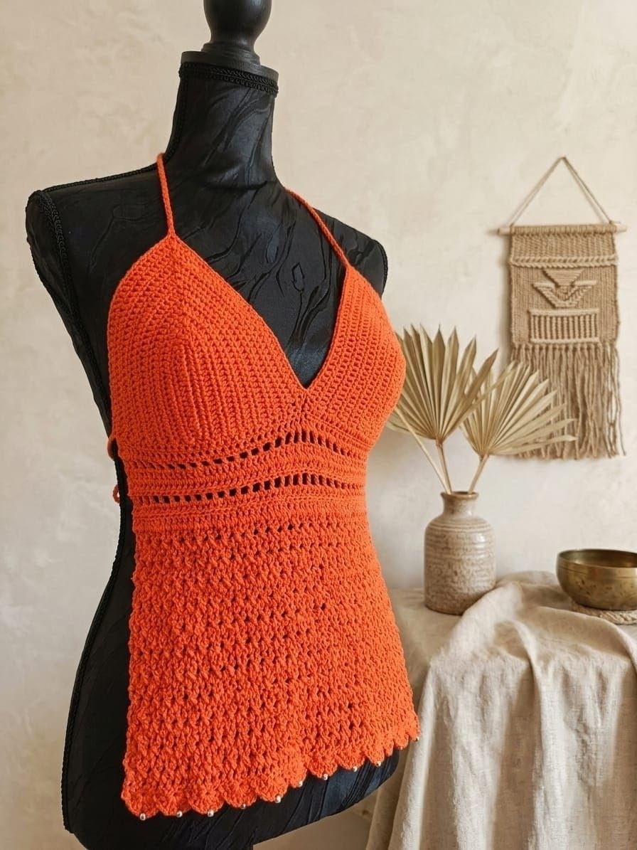 Top Dos nu "Carmen" ajouré - Coton Mercerisé- Rouge Vibrant -Taille M