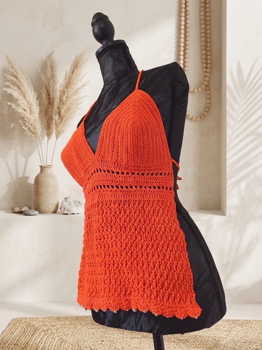 Top Dos nu "Carmen" ajouré - Coton Mercerisé- Rouge Vibrant -Taille M