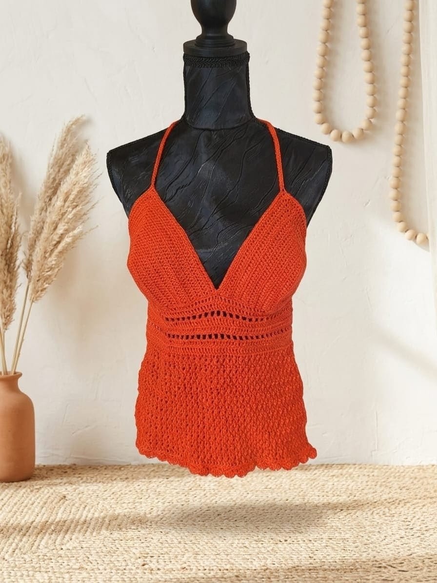 Top Dos nu "Carmen" ajouré - Coton Mercerisé- Rouge Vibrant -Taille M
