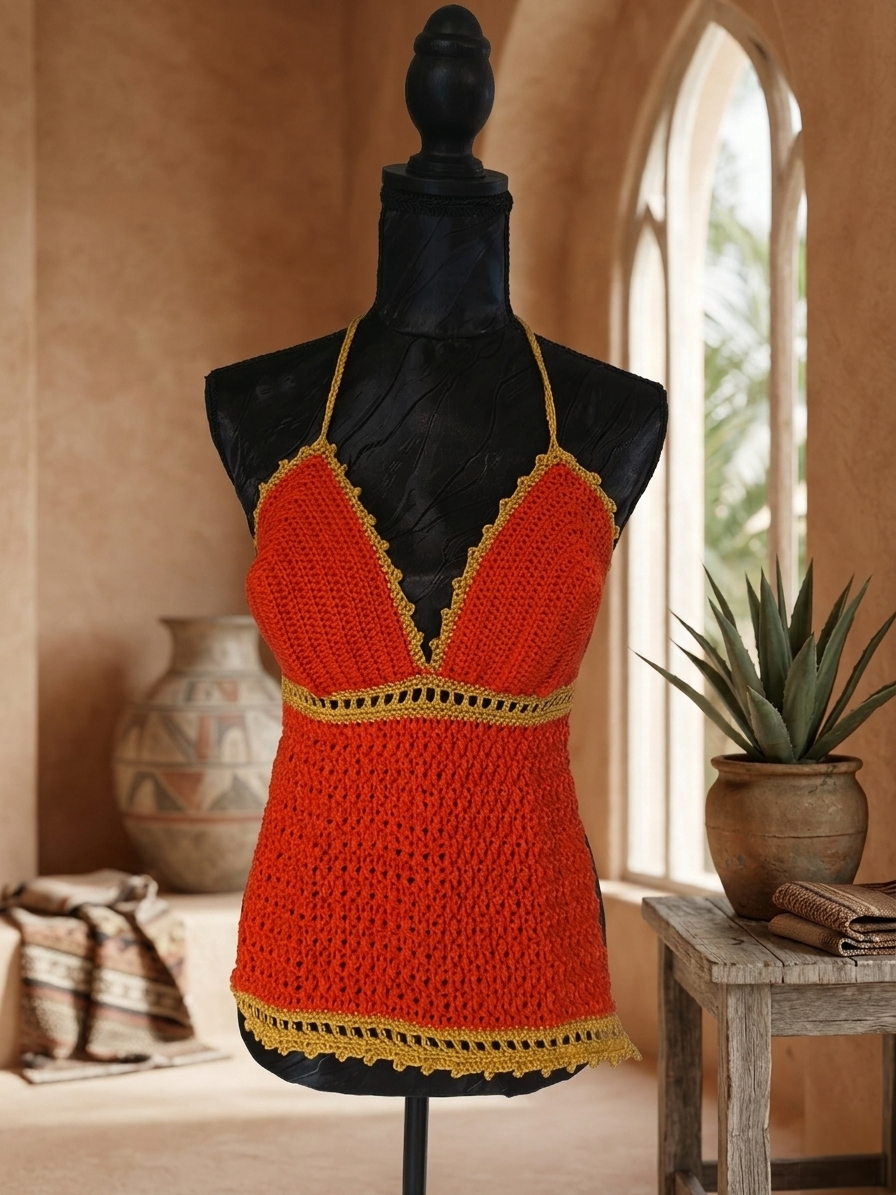 Top Dos Nu "Llama" - Rouge Vibrant, Doré - 100% coton mercerisé - Taille S/M