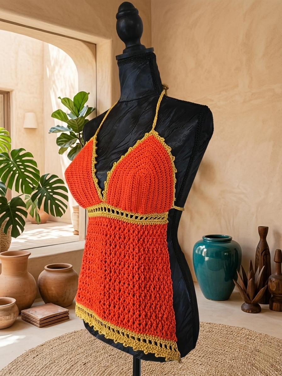Top Dos Nu "Llama" - Rouge Vibrant, Doré - 100% coton mercerisé - Taille S/M