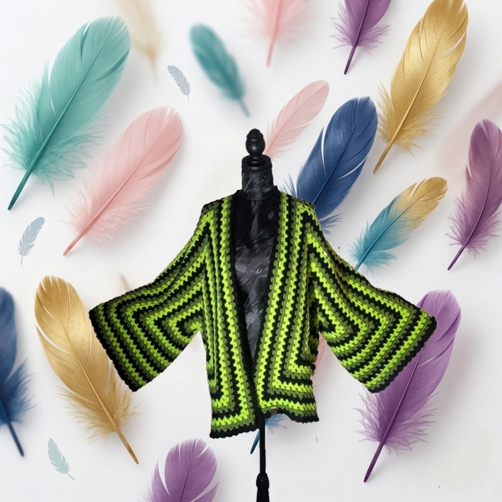 Cardigan "Néon Latino" - Noir Vert Jaune - 100 % Acrylique - Taille L