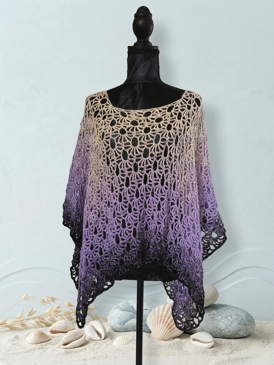Poncho long "Ocean" - Sable Mauve Noir Dégradé - 100% Coton - TU