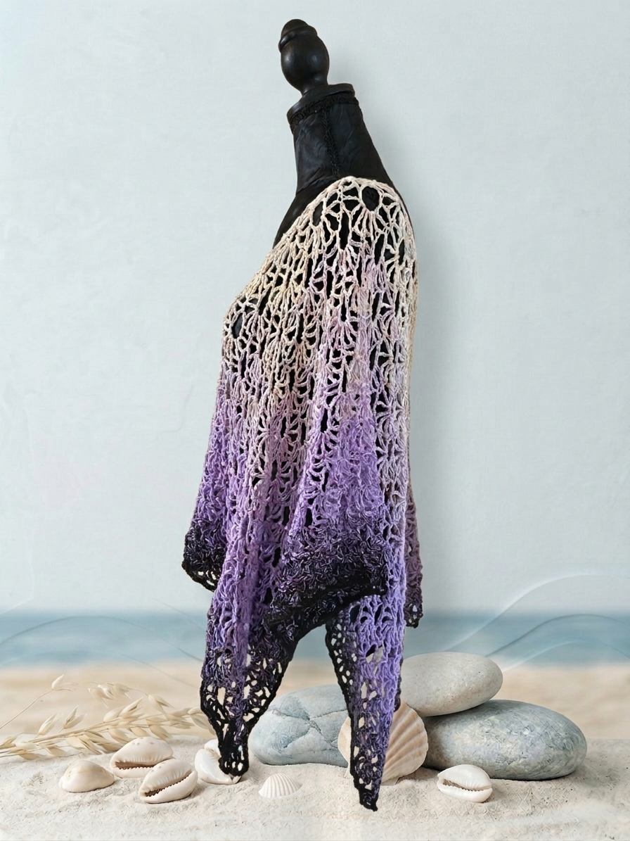 Poncho long "Ocean" - Sable Mauve Noir Dégradé - 100% Coton - TU