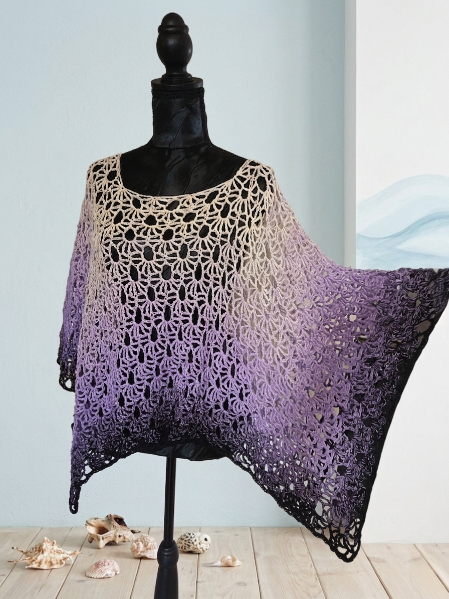 Poncho long "Ocean" - Sable Mauve Noir Dégradé - 100% Coton - TU