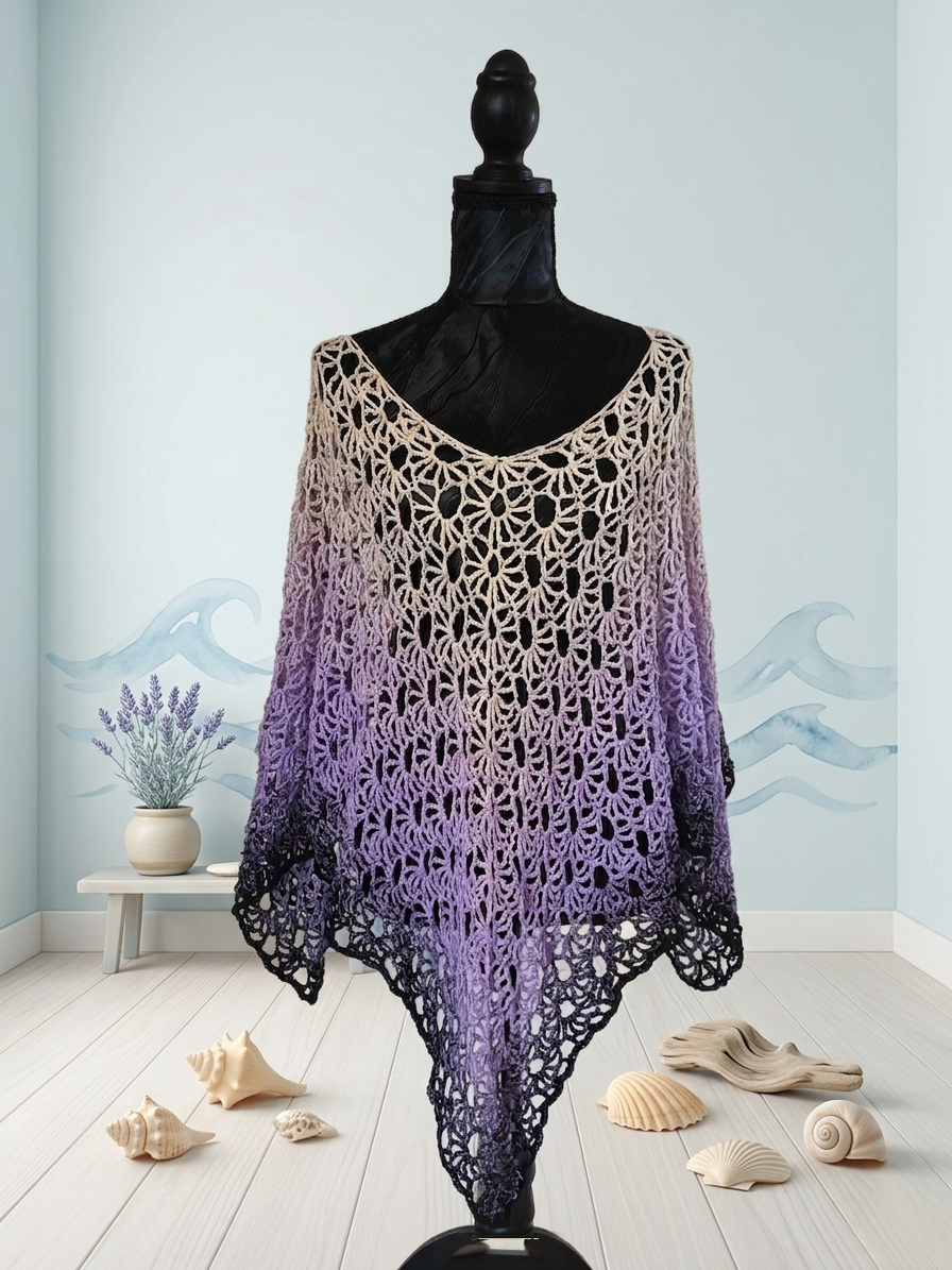 Poncho long "Ocean" - Sable Mauve Noir Dégradé - 100% Coton - TU