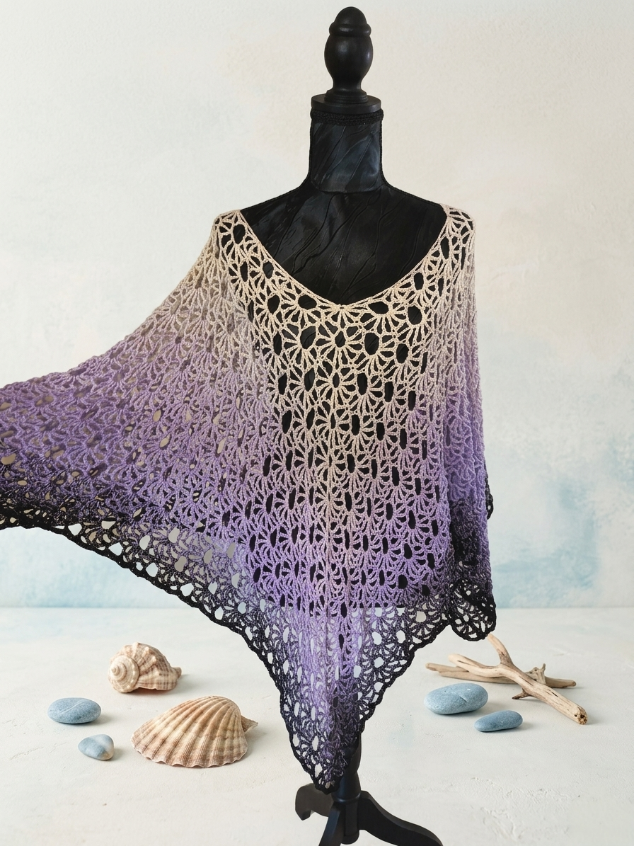 Poncho long "Ocean" - Sable Mauve Noir Dégradé - 100% Coton - TU