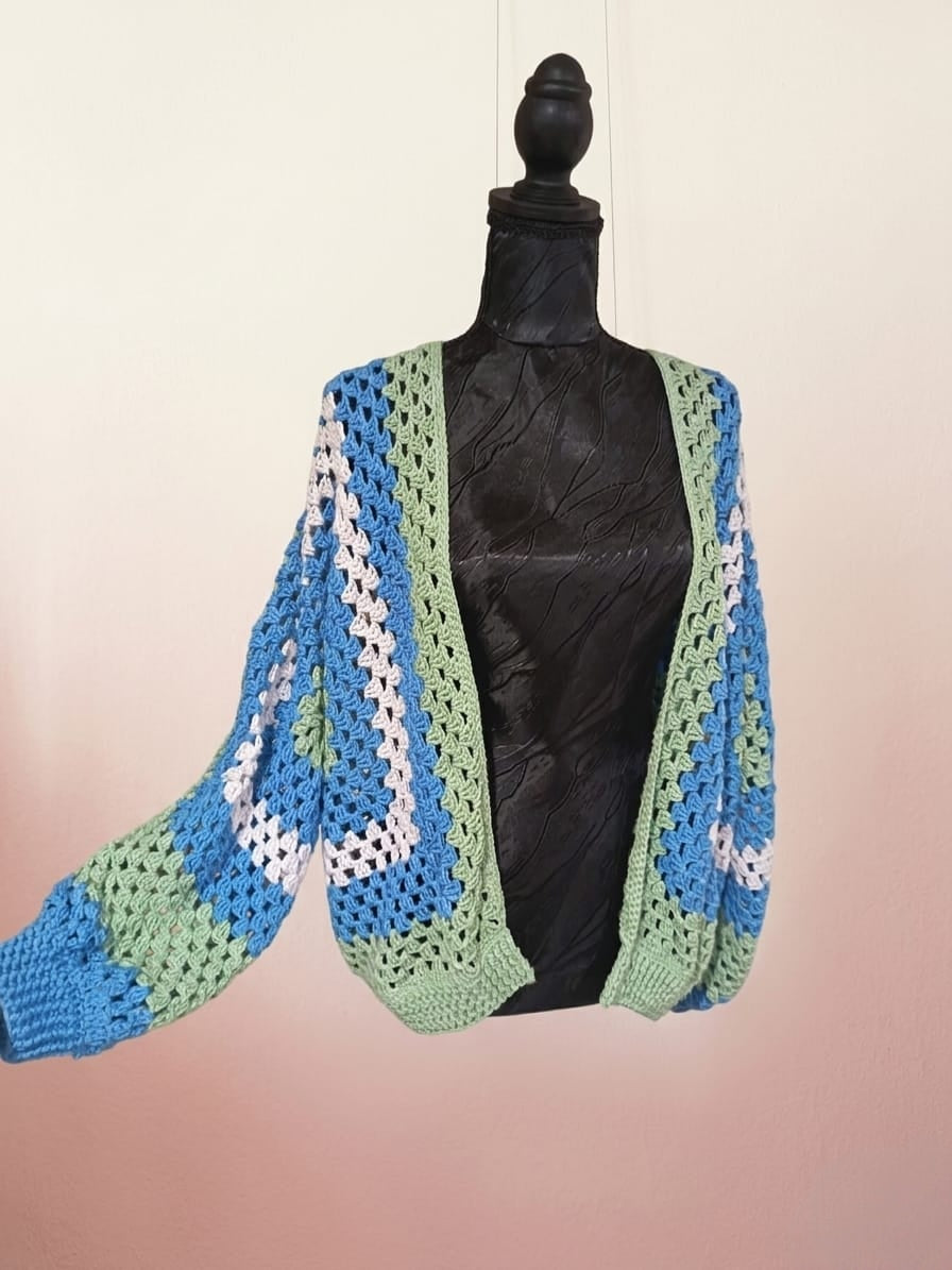 Cardigan "Primavera" - Bleu Vert Blanc - 100% Coton - Taille M