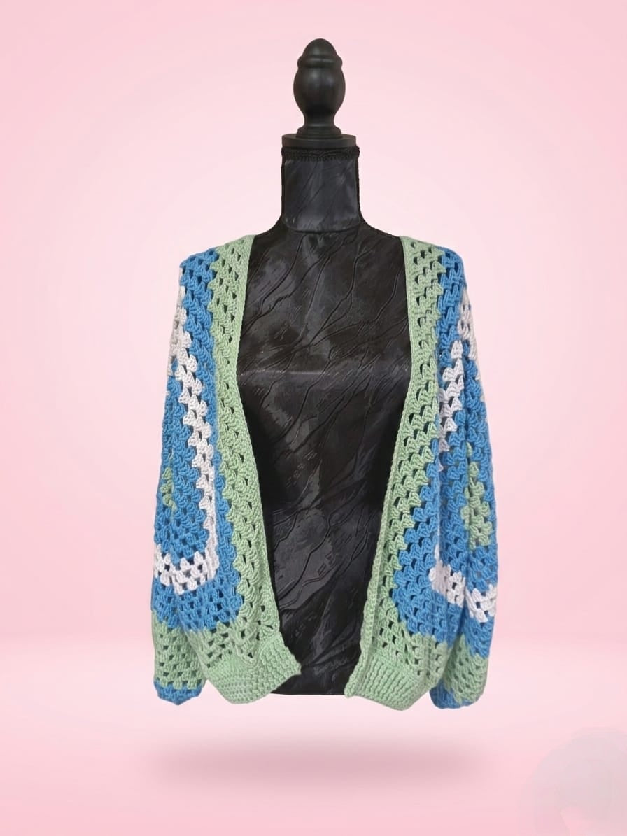 Cardigan "Primavera" - Bleu Vert Blanc - 100% Coton - Taille M