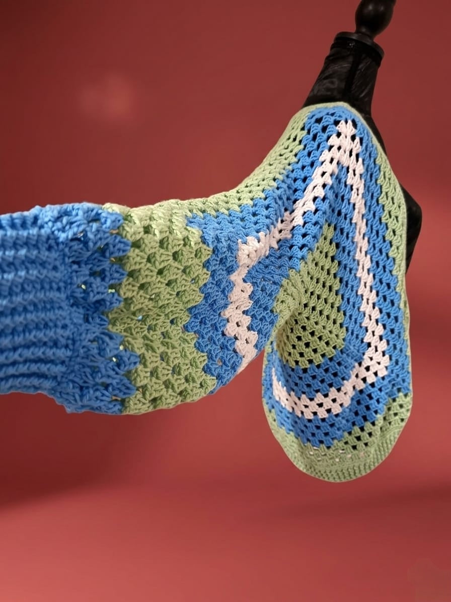 Cardigan "Primavera" - Bleu Vert Blanc - 100% Coton - Taille M