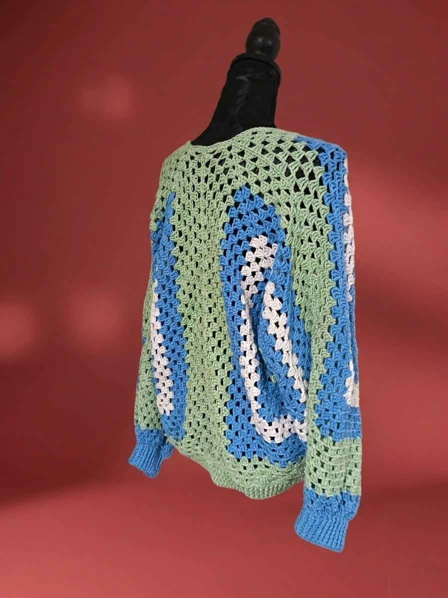 Cardigan "Primavera" - Bleu Vert Blanc - 100% Coton - Taille M