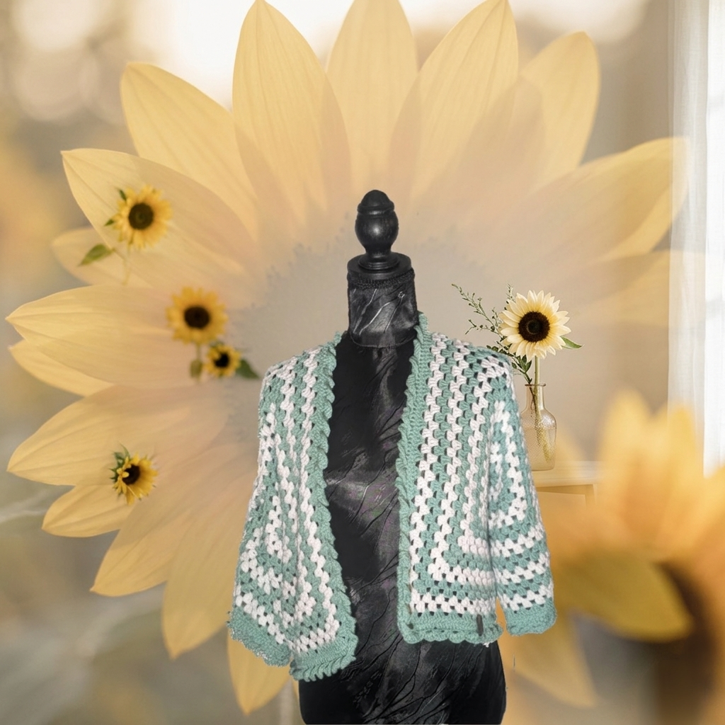 Cardigan "Wazy Bohéme" - Vert amande Blanc - 100 % Coton - Taille XS