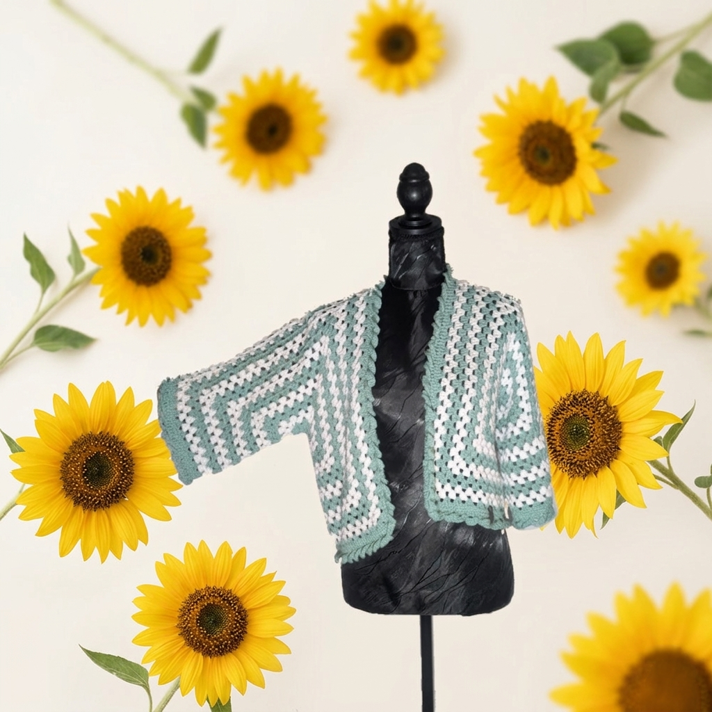 Cardigan "Wazy Bohéme" - Vert amande Blanc - 100 % Coton - Taille XS